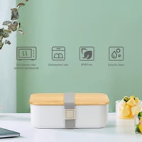 Casetă pentru prânz Naturoom Bento pentru adulți și copii - Recipient pentru alimente cu separator, furculiță din lemn, lingură din lemn, geantă din bumbac și capac din bambus cu funcție de tocător 2