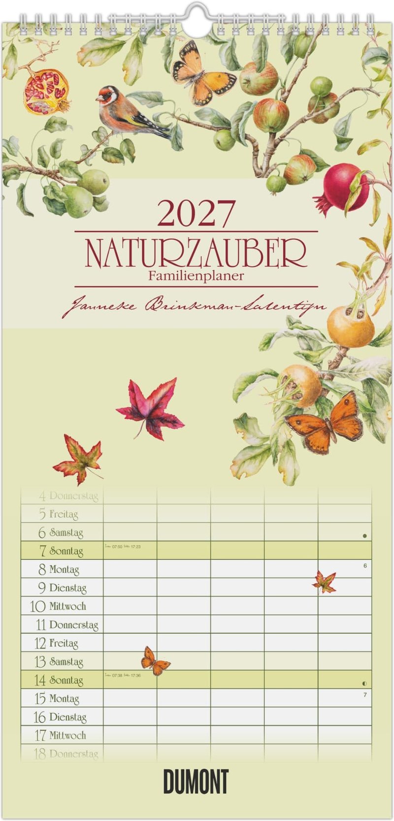 Naturzauber rodinný plánovač 2027 nástenný kalendár 22x45 cm – 5-stĺpcový rodinný plánovač s kvetinovými ilustráciami Janneke Brinkman, na školské povinnosti a záľuby