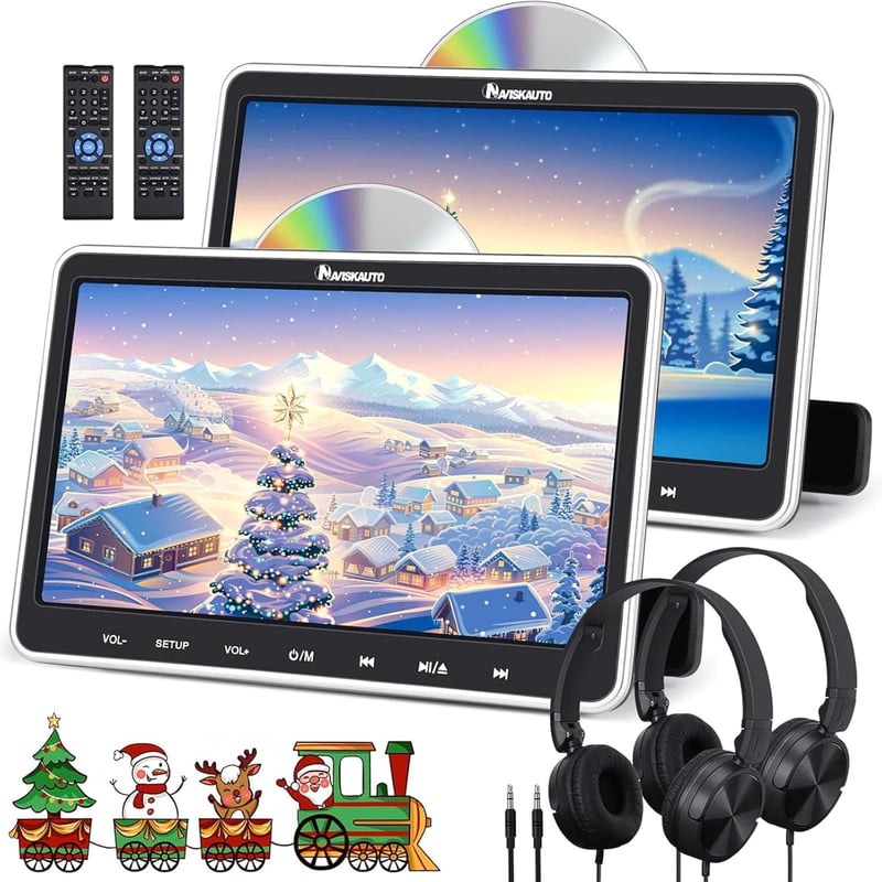 NAVISKAUTO 10.1" Autós DVD Lejátszó Szett - 2 Fejtámlára Szerelhető Monitor, HDMI Bemenet, 2 Fejhallgató, Memória Funkció, USB/SD Kártyaolva