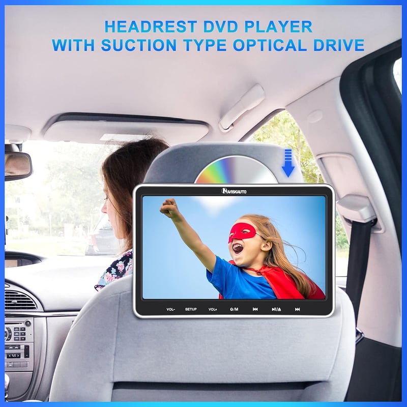 NAVISKAUTO 10.1" Autós DVD Lejátszó Szett - 2 Fejtámlára Szerelhető Monitor, HDMI Bemenet, 2 Fejhallgató, Memória Funkció, USB/SD Kártyaolva