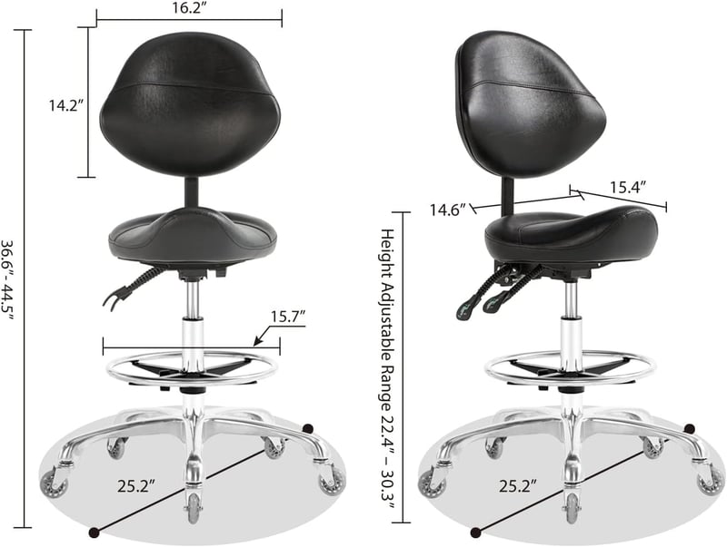 Nazalus nyereg szék háttámlával és lábpihentővel, 350 kg terhelhetőség, fodrász szalon masszázs fogászat - With Footrest, Black