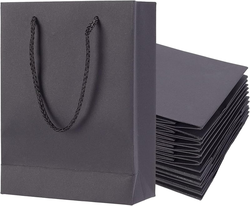 NBEADS 10 bucăți pungi de cumpărături și cadou din hârtie kraft neagră cu toartă din șnur de nailon, reciclabile, 20x15x6 cm, pentru Ziua Mamei, zi de naștere, nuntă