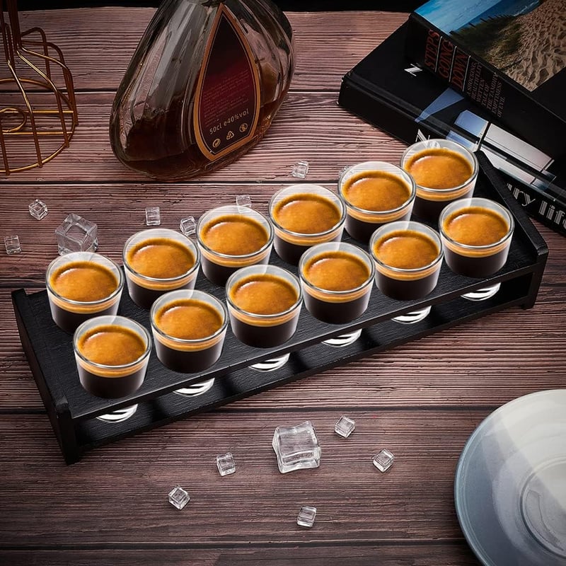 Suport din bambus pentru 12 pahare shot, cu orificii de 40 mm, organizator negru pentru bar, tavă pentru petreceri