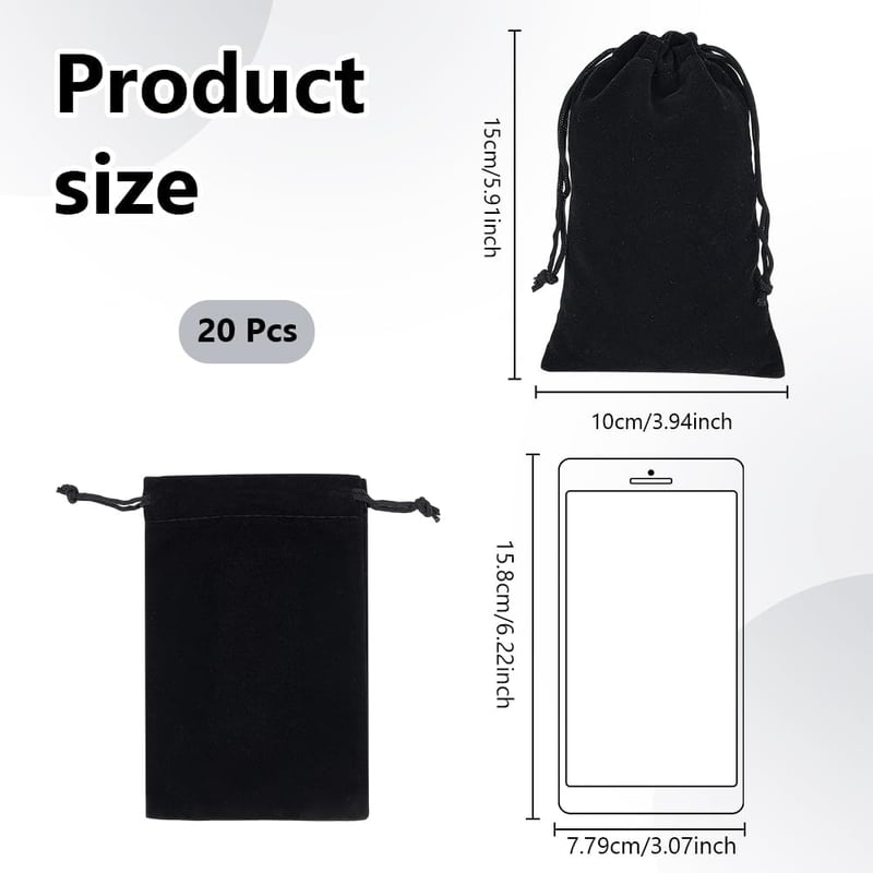 nbeads 20 db Fekete Bársony Ékszertartó Tasak Zsinórral 15x10 cm Nyaklánc Fülbevaló Ajándék Tárolózsák Esküvő Karácsony
