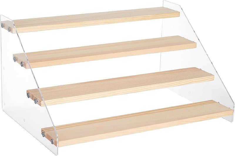 Suport de expunere tip scară din acril NBEADS cu 4 niveluri, rafturi transparente pentru depozitarea parfumurilor, modelelor și colecțiilor, 30 x 21,4 x 15,8 cm, cu puncte adezive incluse