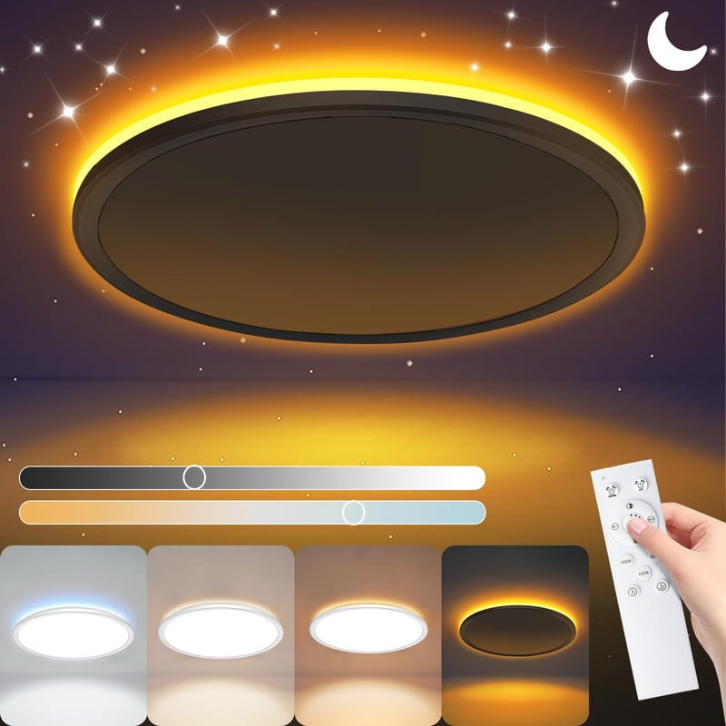 LED stropné svietidlo NEEMOSI s nočným svetlom, 36W, stmievateľné, s diaľkovým ovládaním a časovačom, okrúhly plochý dizajn, priemer 39 cm, do spálne