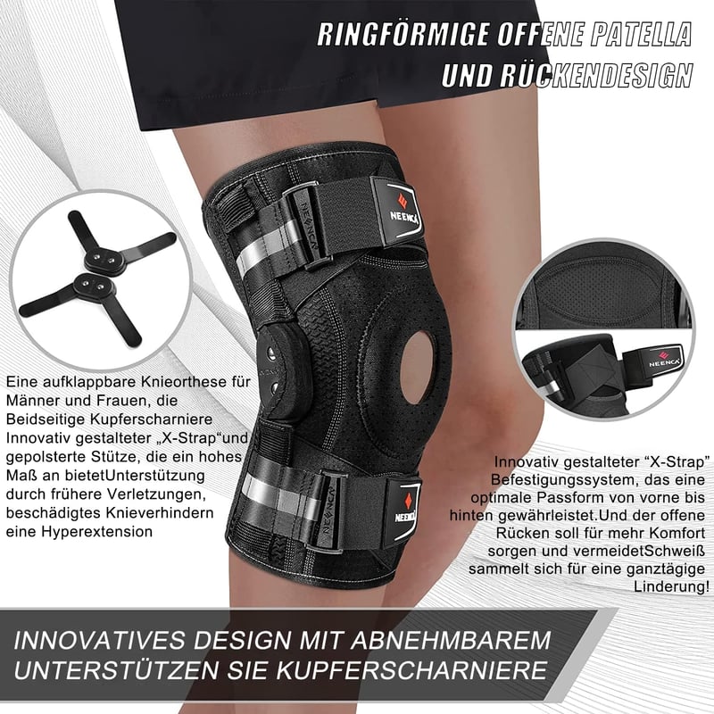NEENCA térdrögzítő csuklós térdtámasz térdfájdalomra ízületi gyulladás esetén X-pánt rögzítéssel, fekete XL