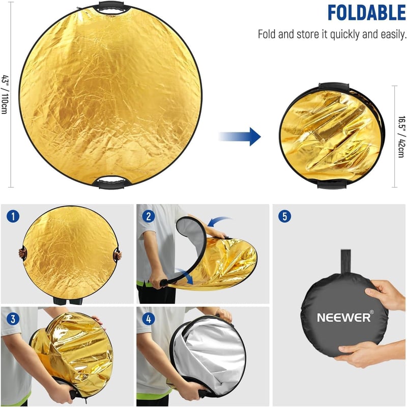 NEEWER 110cm 5az1-ben összecsukható fotó reflektor ezüst/arany/fehér/fekete szett - 110 cm with clamp