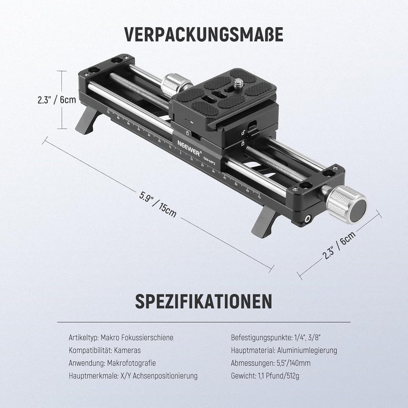 NEEWER 140mm Makró Fókusz Sín 360° Forgatható 4-Irányú Zárással QR Lemezzel Közeli Makró Fotózáshoz GM-MP2