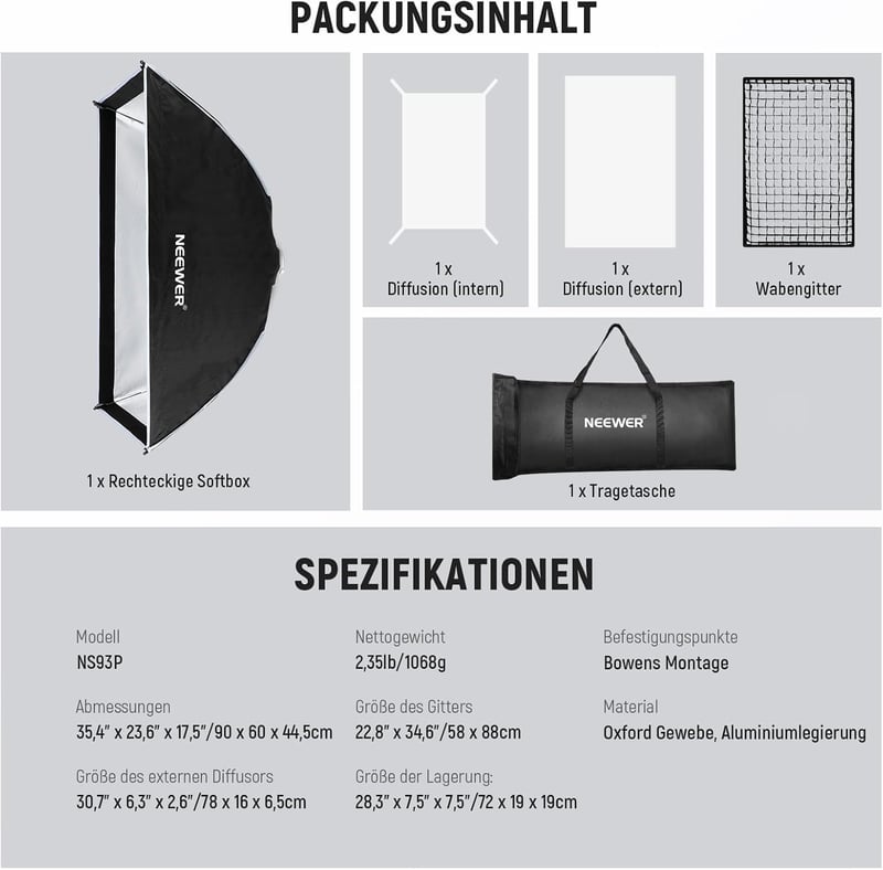 NEEWER 60x90cm Téglalap Softbox Bowens Rögzítéssel - Gyorskioldós Stúdió Fényformáló Diffúzorral és Rácsos Táskával, Aputure 120d és Godox S