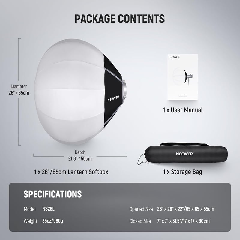 NEEWER 65cm Lantern Softbox Bowens csatlakozás 360° diffúzor LED videólámpa