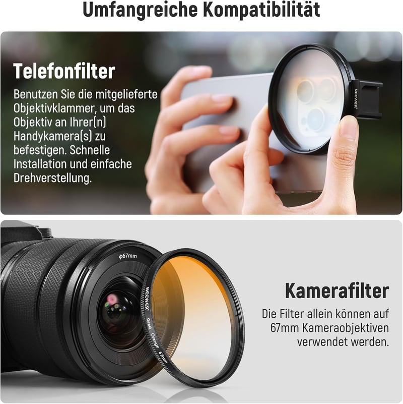 NEEWER 67mm Mobiltelefon Objektív Szűrő Szett Csiptetős Tartóval - CPL ND32 Csillag Színátmenetes Filterek iPhone Samsung