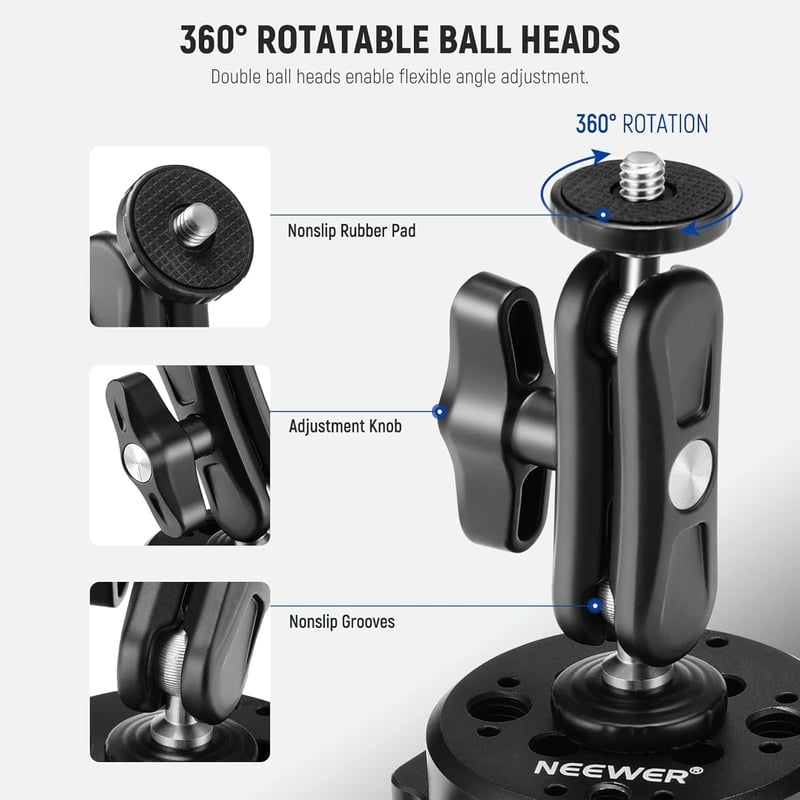 NEEWER Kamera Tapadókorongos Tartó Golyósfejjel 2db Autós Ablakra Szélvédőre 1/4" 3/8" ARRI Csatlakozóval Fekete