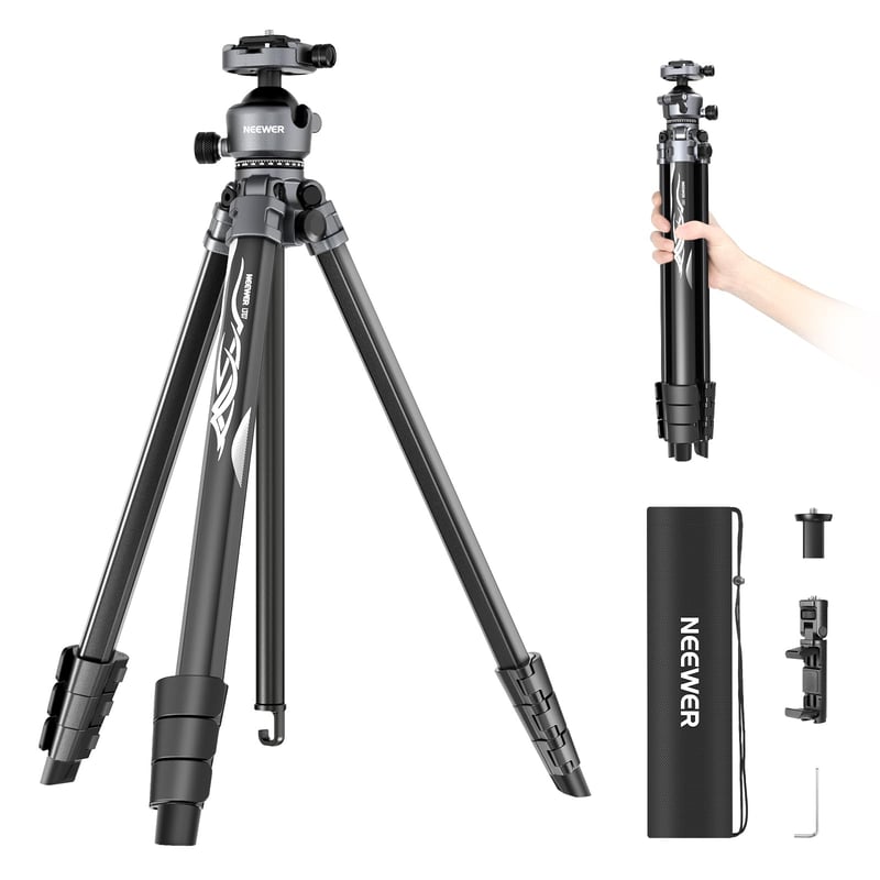 NEEWER LiteTrip LT07 hliníkový cestovný videostatív 61" | Panoramatická a guľová hlava | Arca QR doštička | Kompatibilný s Peak Design | Dve osi | Držiak na telefón | Max. 22 lb