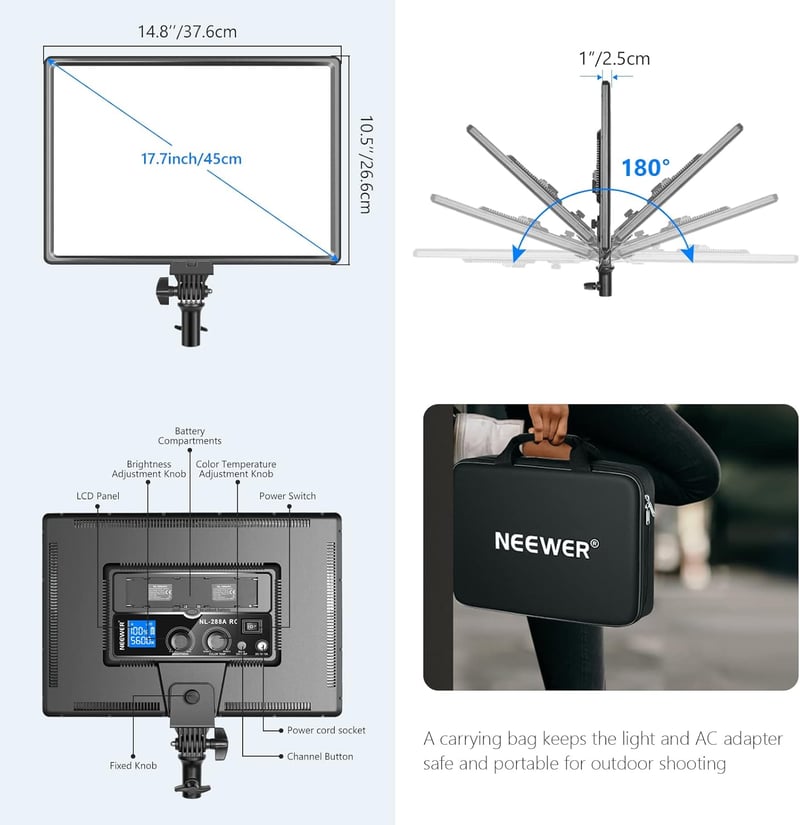 NEEWER NL288 LED videólámpa 45W, 2.4G távirányítóval, 3200K-5600K, CRI97+, dimmer