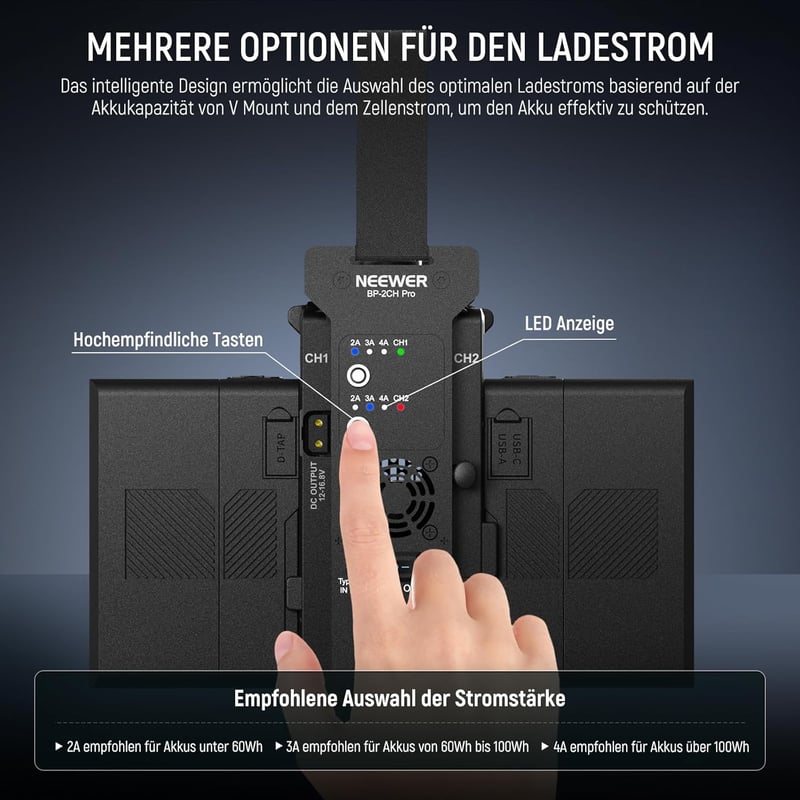 NEEWER V Mount Akkumulátor Töltő Dupla Csatornás, V Lock 100W PD USB-C Gyorstöltés, DC 48V/24V Kimenet, SmallRig Kompatibilis BP-2CH Pro