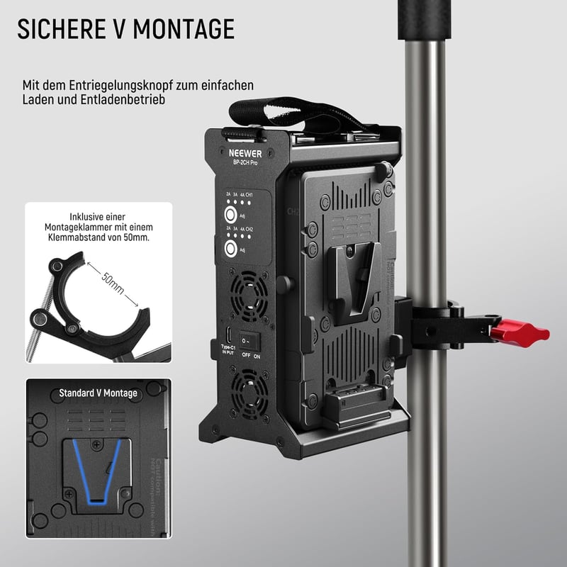 NEEWER V Mount Akkumulátor Töltő Dupla Csatornás, V Lock 100W PD USB-C Gyorstöltés, DC 48V/24V Kimenet, SmallRig Kompatibilis BP-2CH Pro