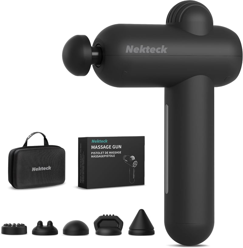 Nekteck Mini masszázspisztoly mélyszöveti, 5 masszázsfejjel, hordozótáskával