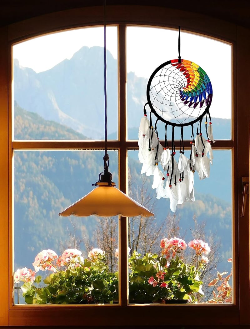NELUHA Prinzător de vise Curcubeu Yin Yang Negru 12 cm - Decorațiune de perete artizanală pentru dormitor