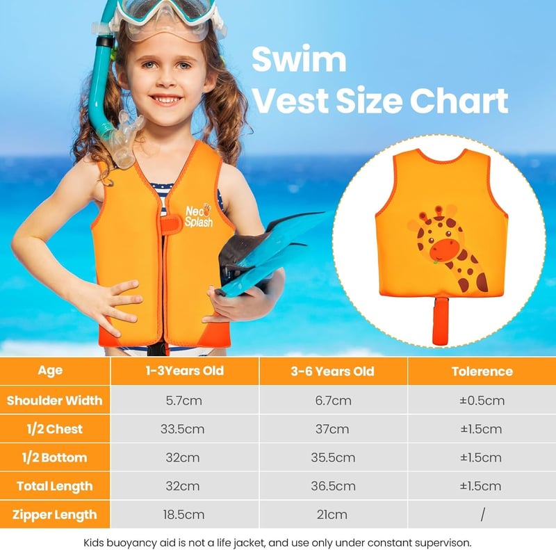 NEO-SPLASH Gyermek Úszódzseki 1-6 Éves Fiúknak és Lányoknak Állítható Biztonsági Szíjakkal - 1-3, KS Orange