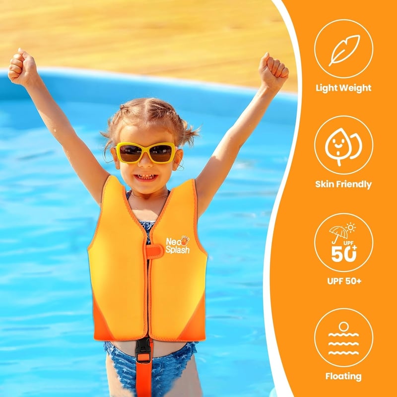 NEO-SPLASH Gyermek Úszódzseki 1-6 Éves Fiúknak és Lányoknak Állítható Biztonsági Szíjakkal - 1-3, KS Orange