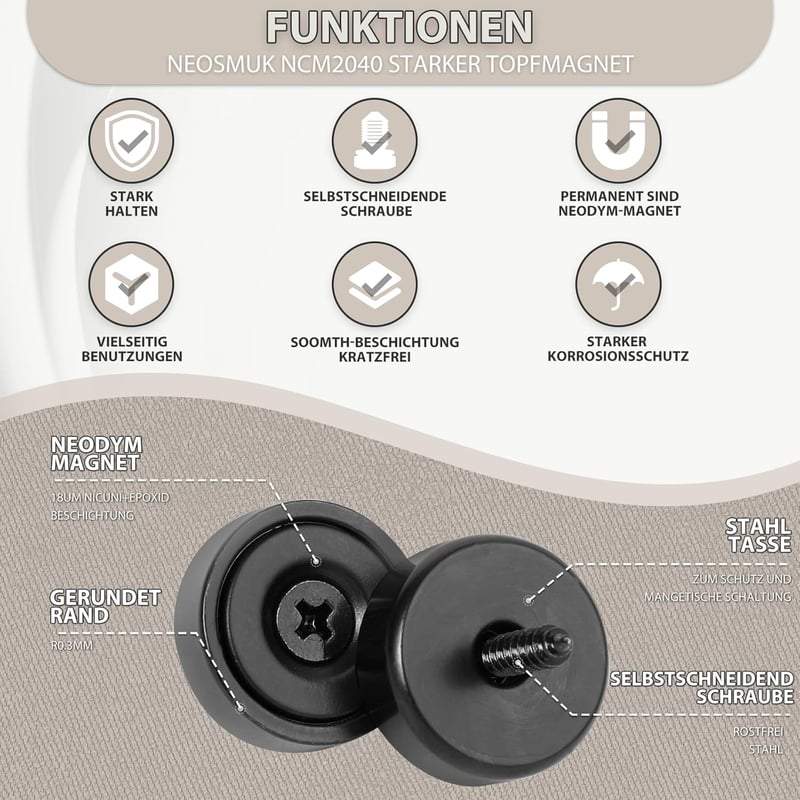 Neosmuk 20mm Neodímium Mágnes Fekete 4db - Fal, Tábla, Ajtó, Konyha, Iroda