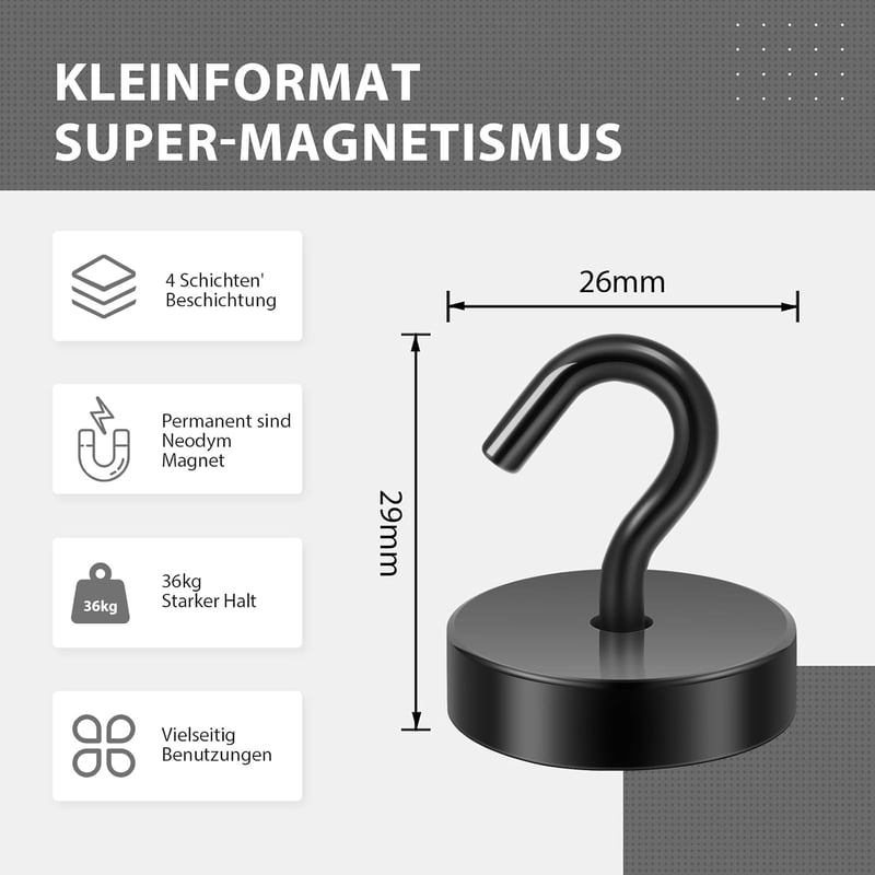 Neosmuk mágneses akasztó, fekete, 30 kg-os mágneses akasztó, extra erős szekrényrendszerezőhöz, neodímium mágnesek