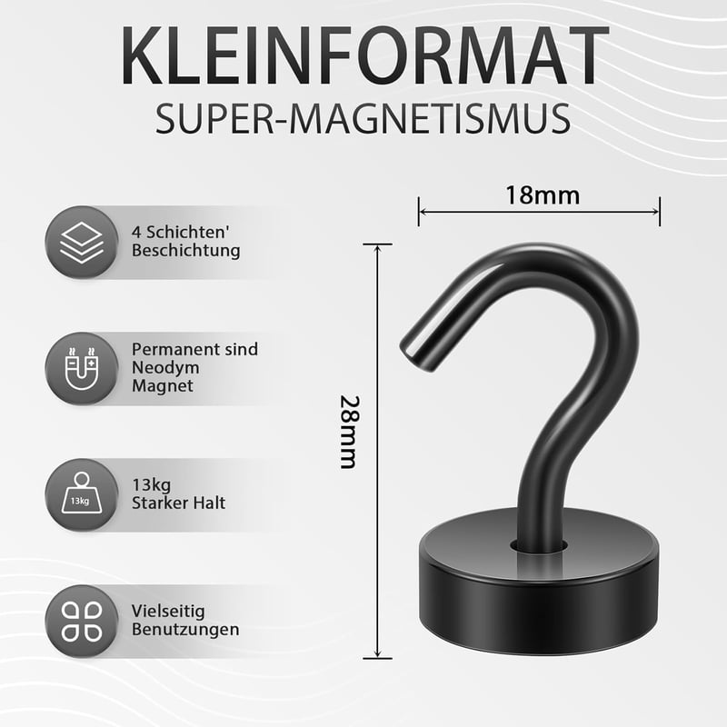 Neosmuk Neodímium mágneses kampók 12 kg Extra erős ruhafogas, kemping műhely szekrényhez, fekete 4 db