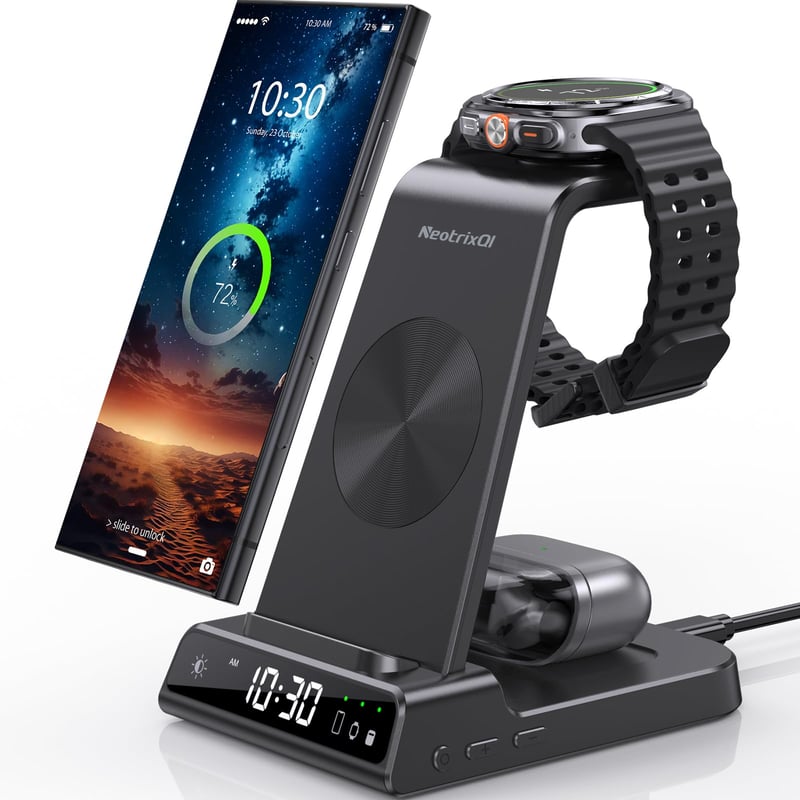 Stație de încărcare wireless 3 în 1 Samsung pentru Galaxy S24 Ultra, Watch 6 și Buds 2 Pro, cu ceas digital