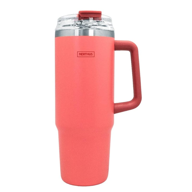 Nerthus FIH 1438 Termos šalica 900 ml koraljno crvena s poklopcem i slamkom za posao, automobil i putovanja