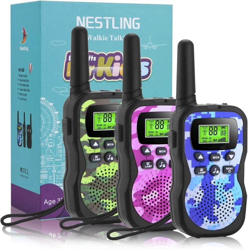 Detské vysielačky Nestling, 3 kusy, maskáčové, 8 kanálov, s podsvieteným LCD displejom a funkciou baterky, dosah 3 km
