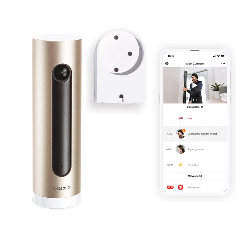 Cameră de securitate inteligentă de interior Netatmo NSC-AMZ cu suport de perete, WiFi, Full HD, detectare mișcare, vedere nocturnă, stocare MicroSD 32 GB, transmisiune live, fără abonament