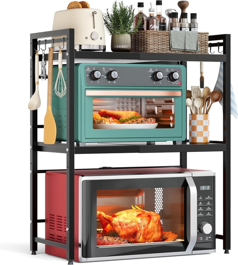 NETEL Expandable Mikrohullámú Sütő Polc 3 Szintes Fekete Konyhai Állvány Horogokkal