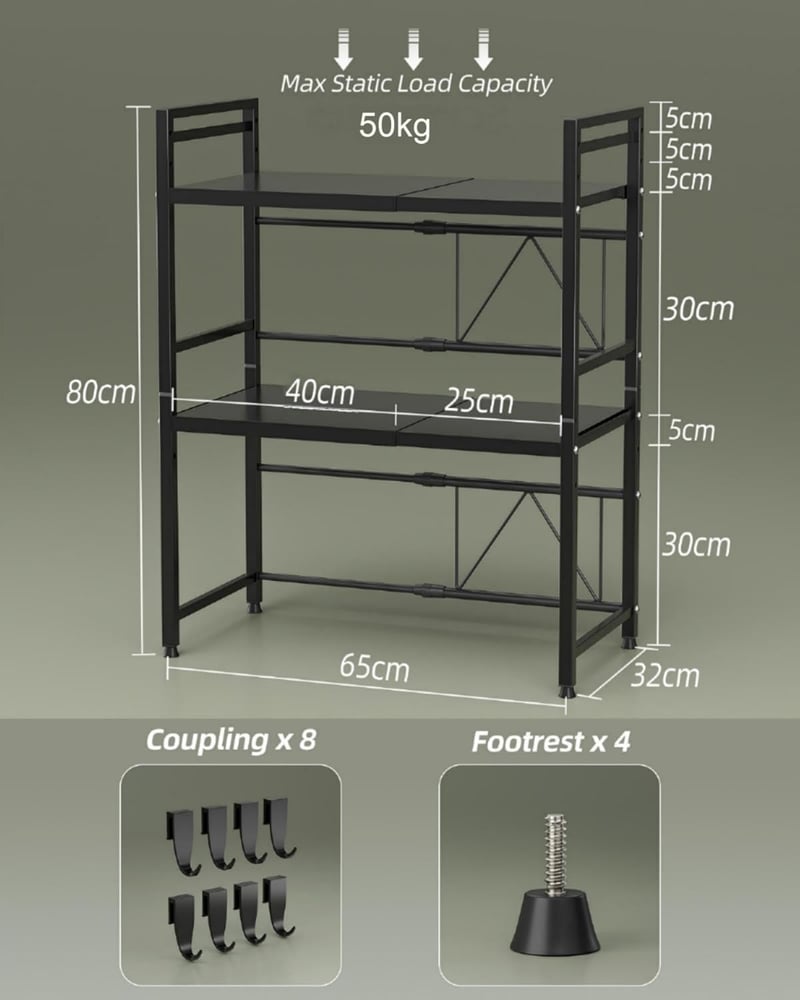NETEL Expandable Mikrohullámú Sütő Polc 3 Szintes Fekete Konyhai Állvány Horogokkal