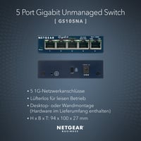 NETGEAR GS105GE 5-portový nespravovaný gigabitový switch, modré kovové vyhotovenie, bez ventilátora, LAN rozbočovač, Plug and Play, 1000 Mbps sieťový prepínač, ProSAFE 2