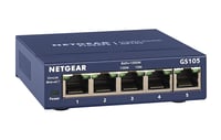 NETGEAR GS105GE 5-portový nespravovaný gigabitový switch, modré kovové vyhotovenie, bez ventilátora, LAN rozbočovač, Plug and Play, 1000 Mbps sieťový prepínač, ProSAFE 1