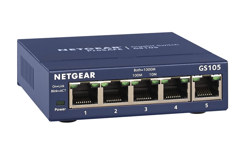 NETGEAR GS105GE 5-portový nespravovaný gigabitový switch, modré kovové vyhotovenie, bez ventilátora, LAN rozbočovač, Plug and Play, 1000 Mbps sieťový prepínač, ProSAFE