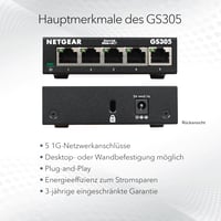 NETGEAR GS305 5-portový gigabitový switch – bez ventilátora, kovové vyhotovenie – čierny 5
