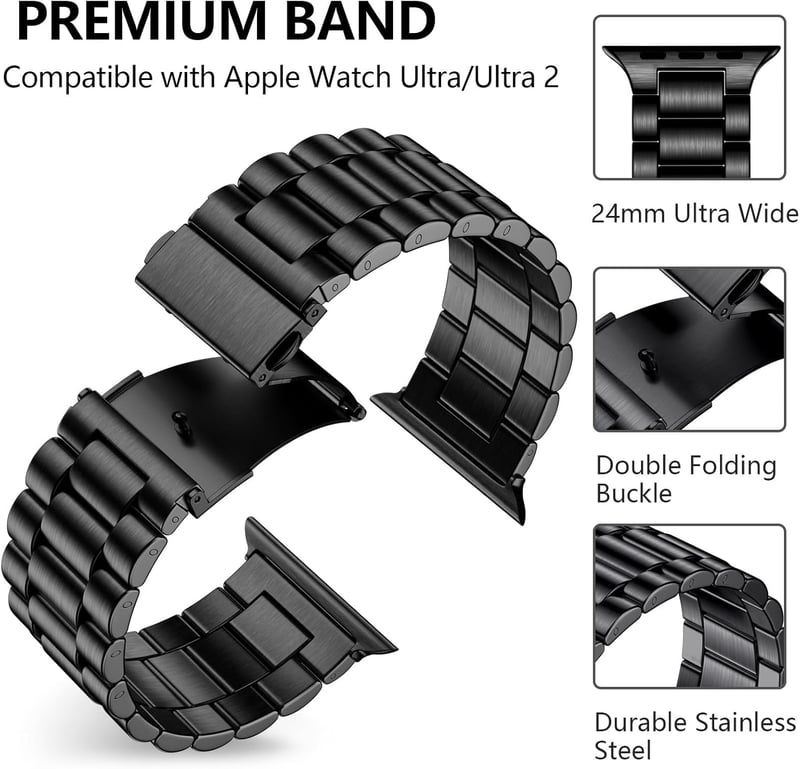 Netolo 24mm Fém Szíj Apple Watch Ultra 3 49mm Rozsdamentes Acél Fekete - Ultra 49 mm, black