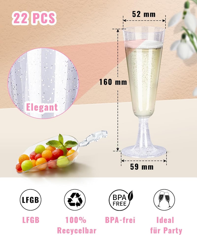 NETONDA Ezüst Csillogású Pezsgőspohár Szett - 25 db Mosogatógépben Mosható Műanyag Pohár 160ml - Esküvői Rendezvény Parti Kellék