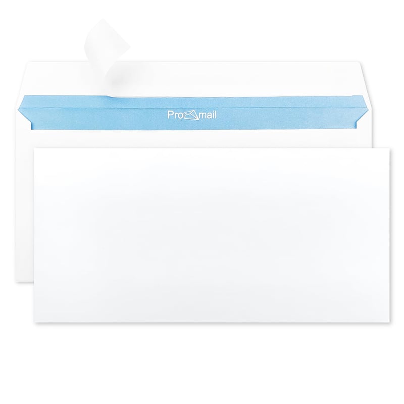 Plicuri Netuno DL 110x220 mm, 90g, Alb, Lung, Autoadeziv, Fără fereastră, Imprimare albastră la interior, Plicuri de birou, 50 bucăți