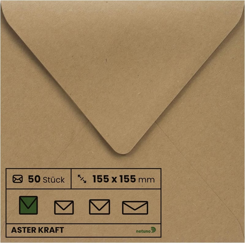 Netuno Négyzet Alakú Kraft Borítékok 155x155mm - 50db Öntapadós Vintage Stílusú Meghívó Boríték Esküvőre, Születésnapra, Üdvözlőkártyához, 1