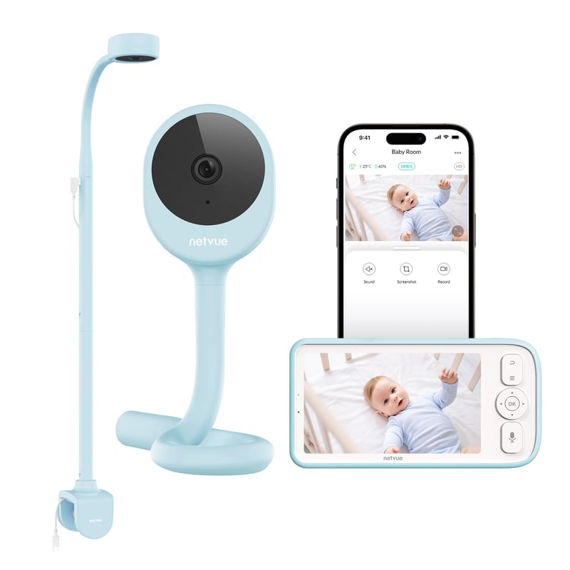 Detská pestúnka NETVUE s kamerou a držiakom 4 v 1, 5000 mAh, 1080P, bez WiFi, modrá, 5-palcový displej, VOX, nočné videnie, obojsmerný prenos zvuku, s aplikáciou