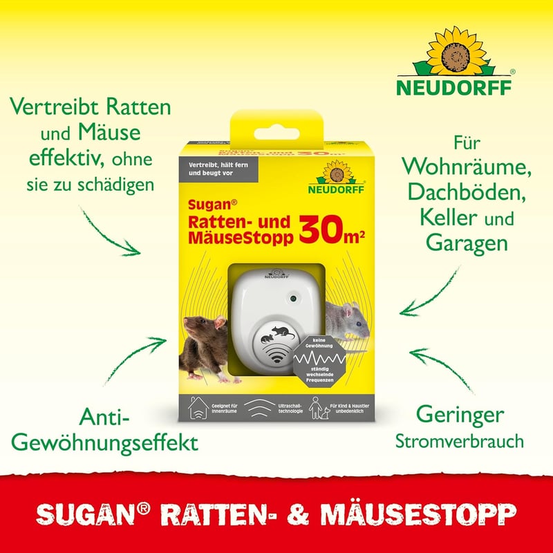 Neudorff Sugan Ultrahang Egér és Patkány Riasztó 30m² Hatékony Védekezés