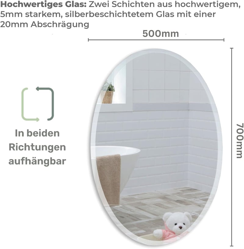Neue Design Ovális Fürdőszobai Tükör - Modern Stílusú Fali Tükör Csiszolt Szegéllyel, 70x50 cm, Keret Nélküli Üveg Kivitel, Álló Formátum