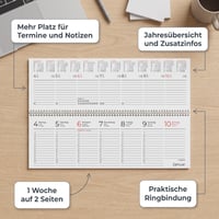 Calendar de birou Neumann Verlage Expert Albastru 2027 – Planificare săptămânală 29,7x10,5 cm, 1 săptămână pe 2 pagini, interval orar 7-19, vedere lunară, calendar de târguri și polen 2