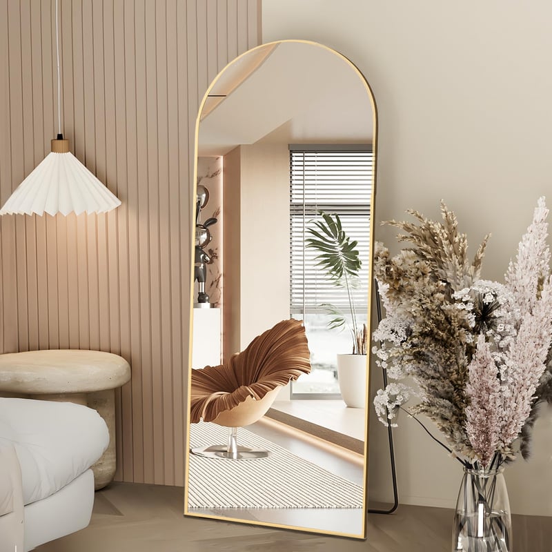NEUWEABY Ívelt Teljes Alakos Tükör 162x53 cm, Arany Állótükör Alumínium Kerettel, Dönthető Padlótükör Hálószobába és Nappaliba