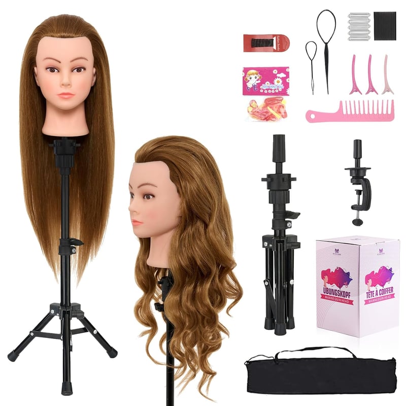 Neverland Beauty & Health 71 cm Fodrász Gyakorló Fej Állvánnyal, 60% Valódi Hajjal Arany Színű Baba Fej Fodrászképzéshez - golden