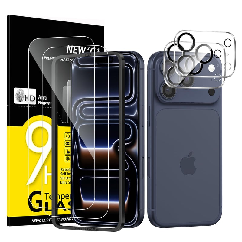 NEW'C 4-dielna súprava pre iPhone 17 Pro Max (6,9 palca) – 2x ochranné tvrdené sklo na displej a 2x ochranná fólia na zadný fotoaparát, s inštalačným nástrojom, HD priehľadnosť