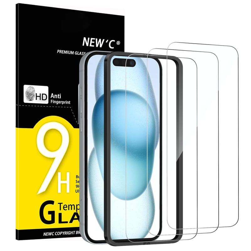 NEW'C tvrdené sklo na displej pre iPhone 16 a iPhone 15 (6,1 palca) – 3 ks – tvrdosť 9H, HD priehľadnosť, odolnosť proti poškriabaniu, s inštalačným nástrojom